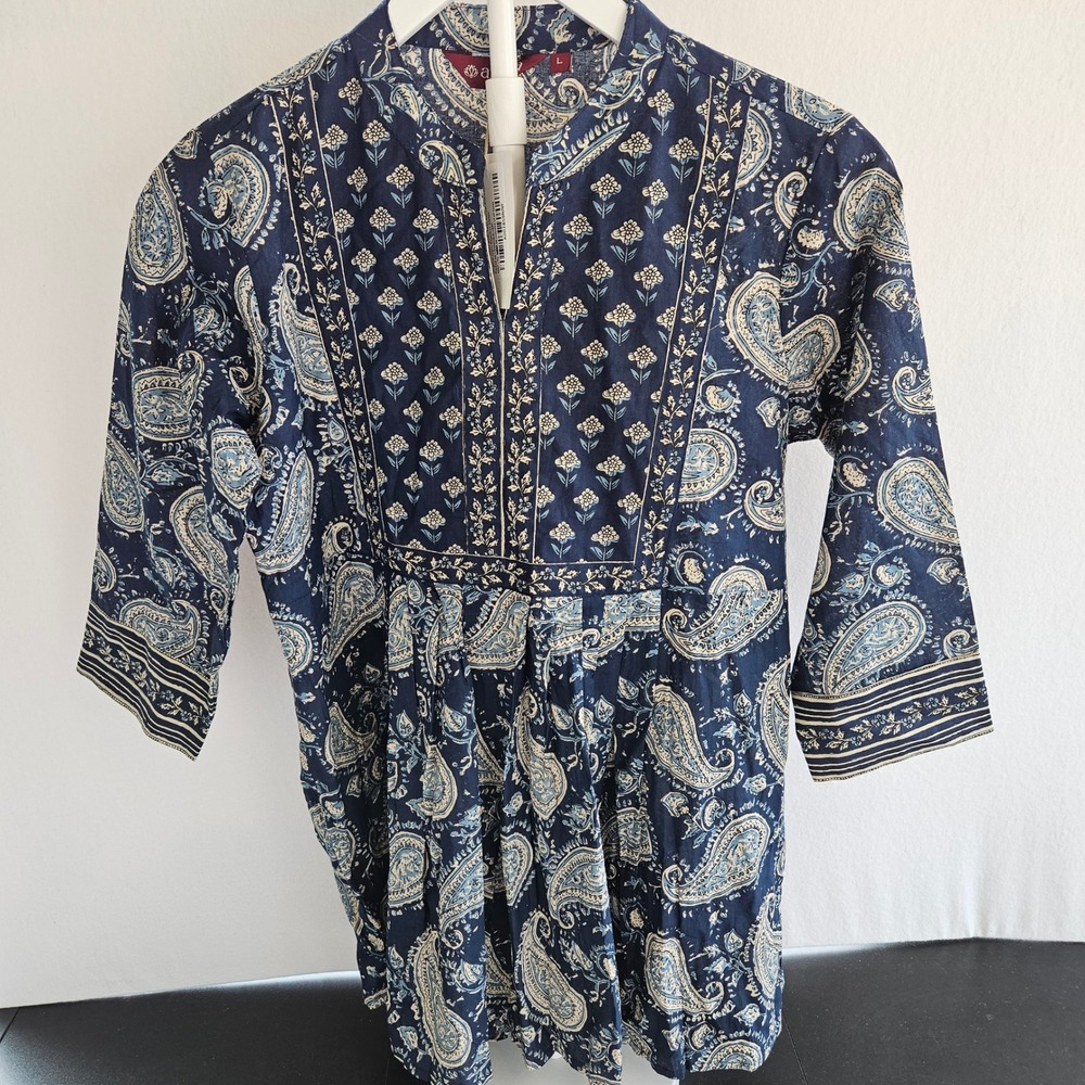 Arayna Blue Paisley Cotton Tunic Top Boho Artsy Kurti Cottagecore Romantic NWT